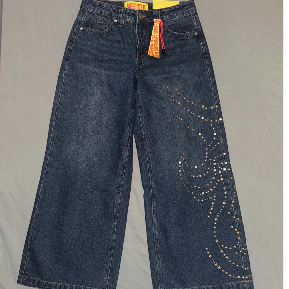 Faded State Juniors 7 Low Rise Baggy Wide Leg Jeans Studded Dark Wash 28" Inseam